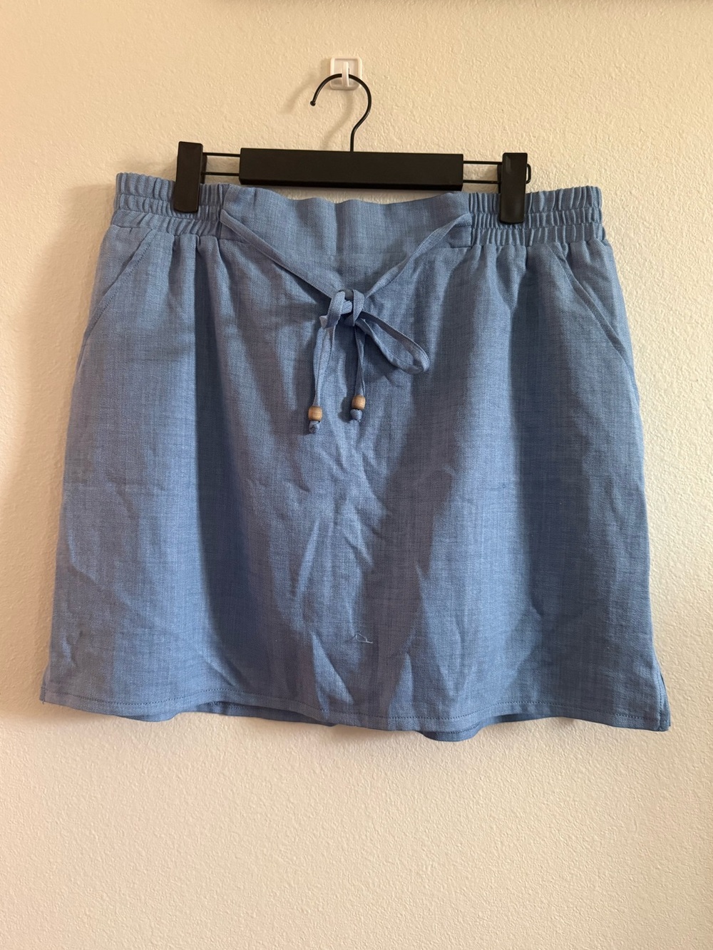 Soho Apparel Light Blue Drawstring Mini Skirt with Wood Bead Accents